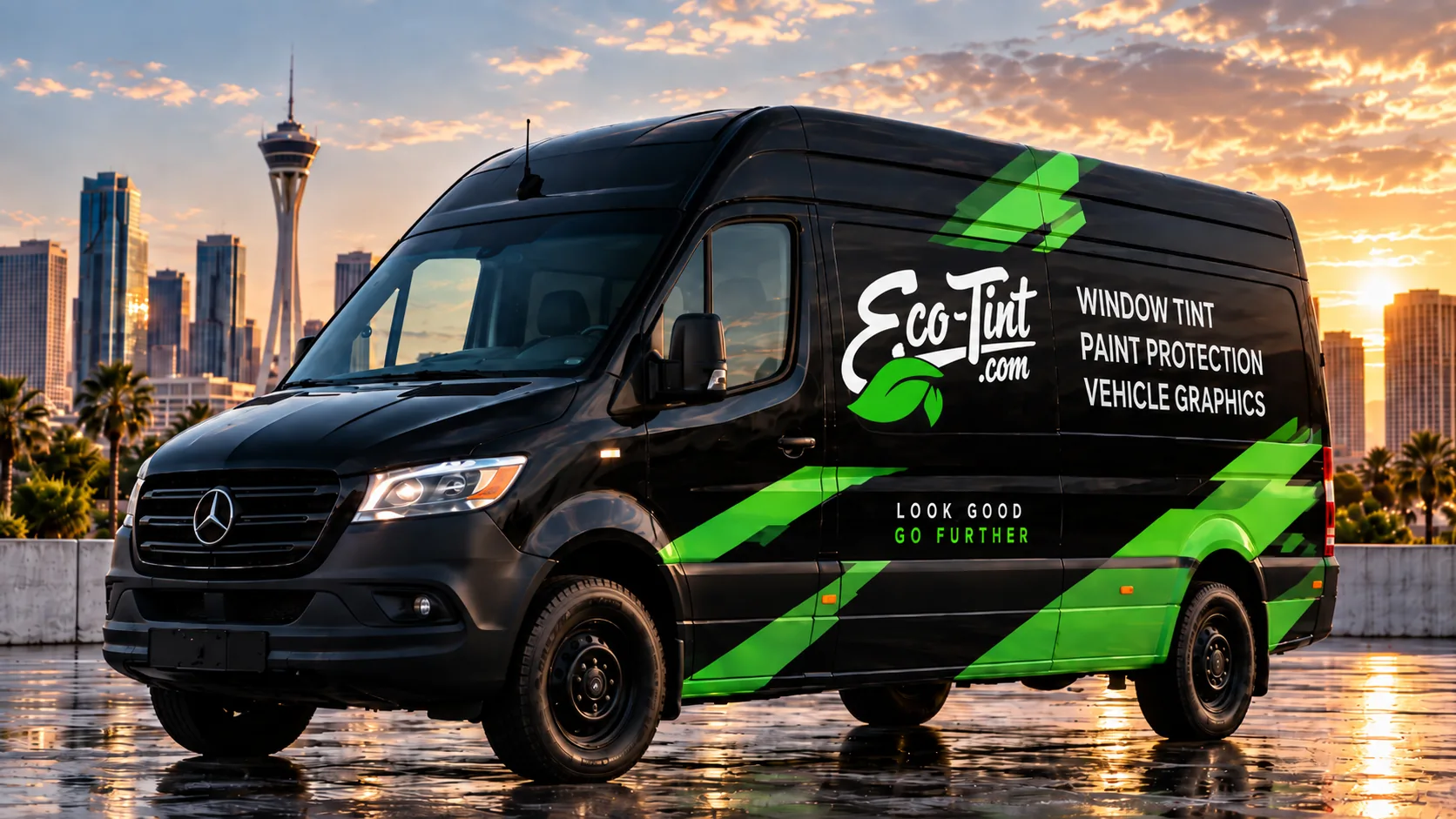 Custom commercial wrap on a Mercedes-Benz Sprinter high-roof cargo van in Las Vegas