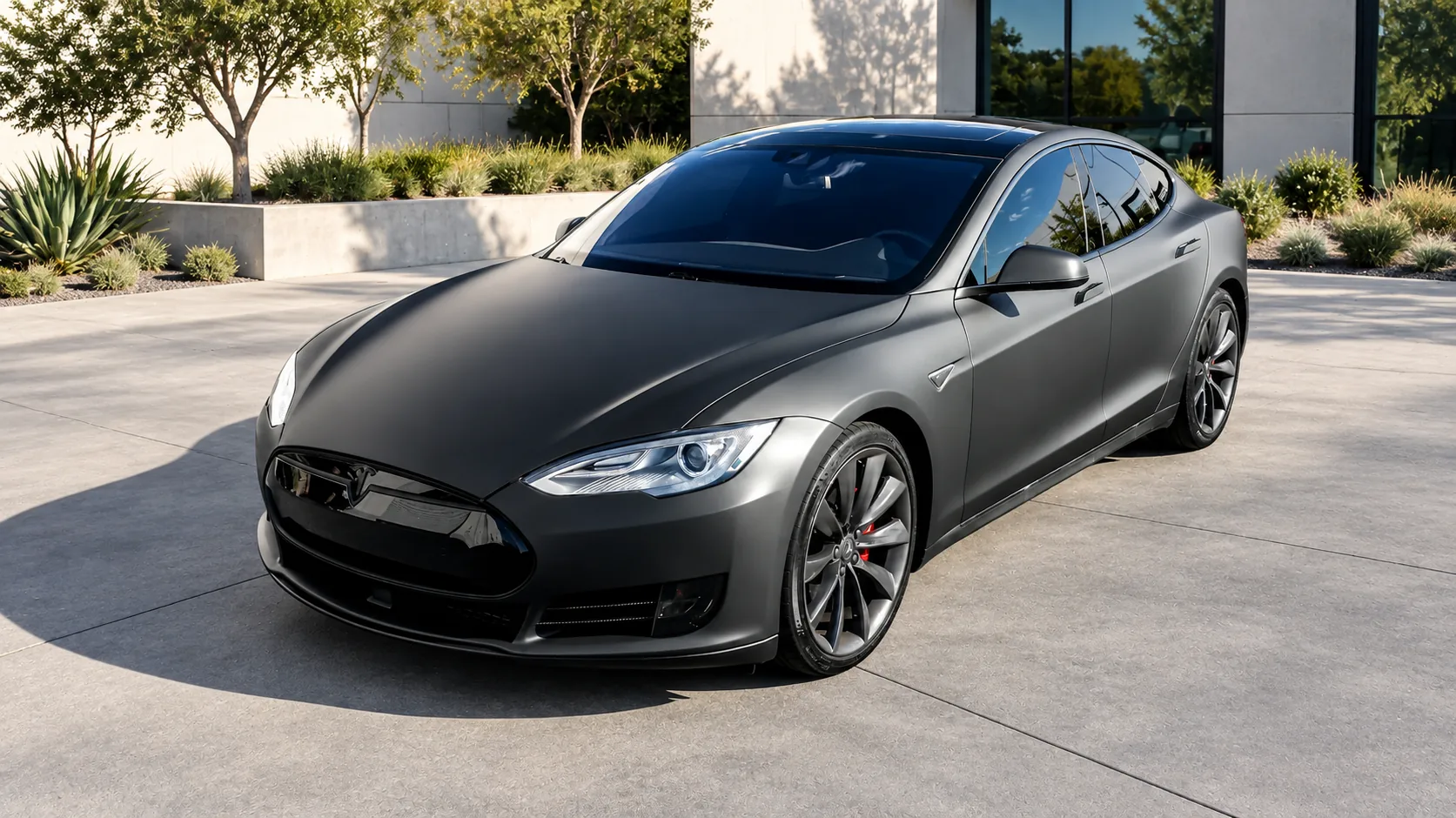 Matte black Tesla with tinted panoramic glass