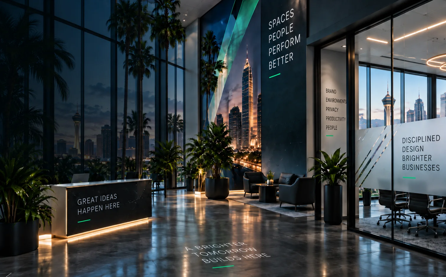 Commercial office lobby with branded wall graphics and decorative window film