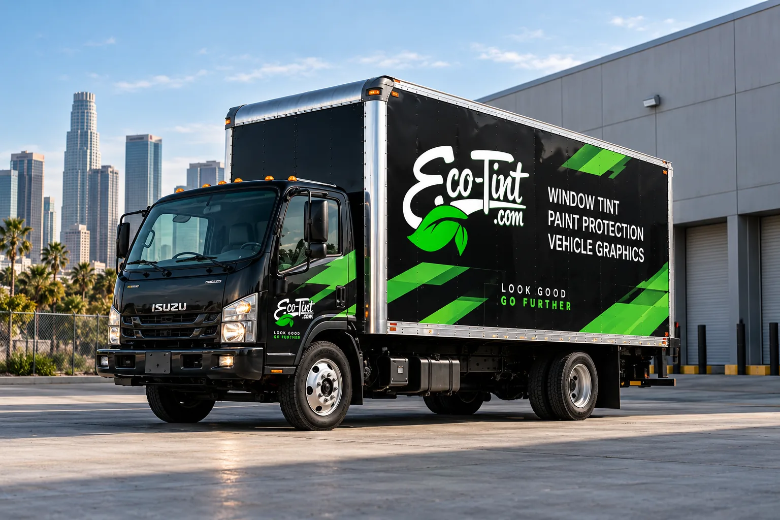Custom fleet graphics on an Eco-Tint commercial box truck in Las Vegas