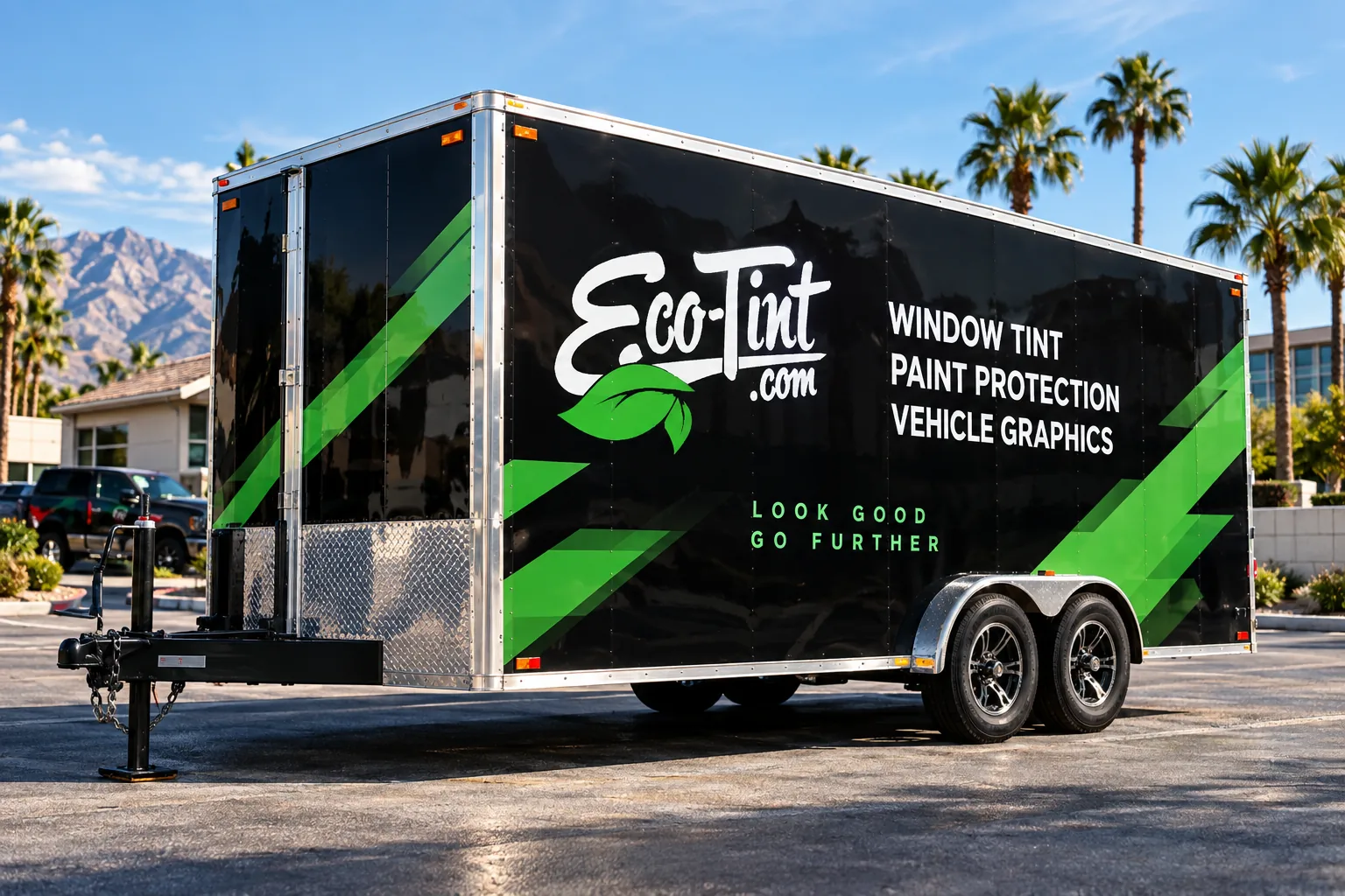 Custom fleet branding on an enclosed commercial trailer in Las Vegas