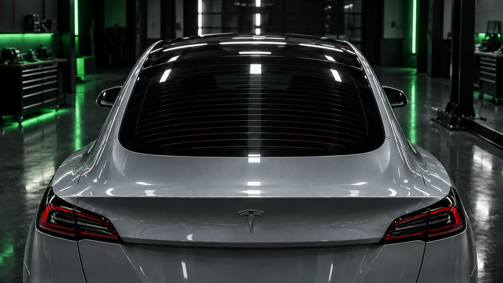 Rear glass of a gray Tesla Model 3 inside the Eco-Tint studio