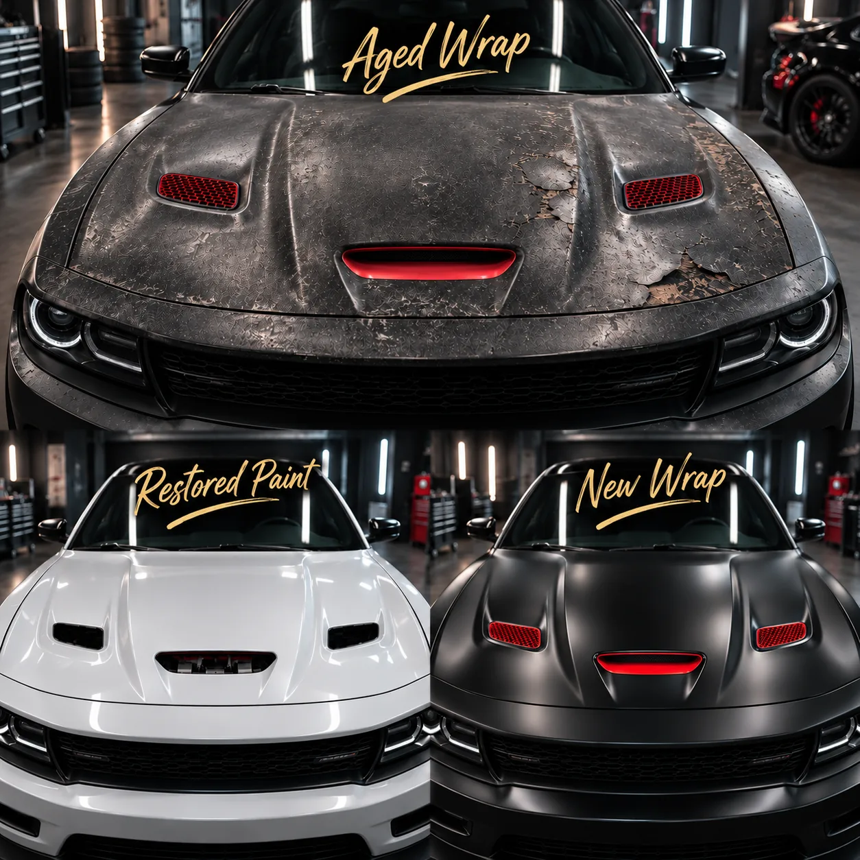 Before and after professional vehicle wrap removal and replacement