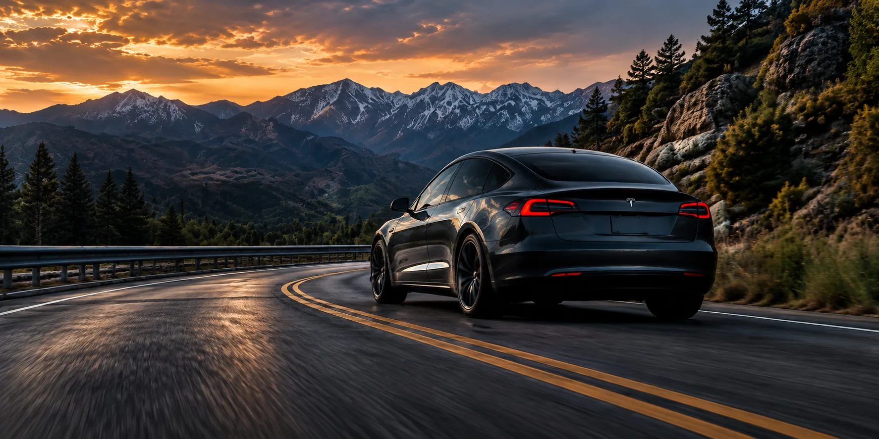 Tesla driving through a mountain landscape at sunset