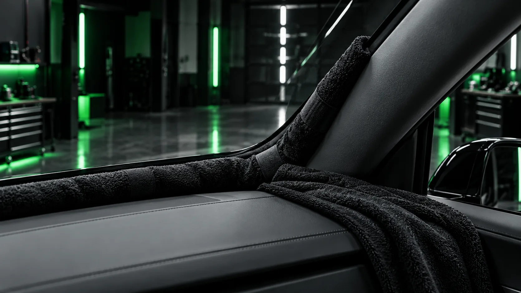 Protective absorbent wraps installed around a Tesla dashboard and A-pillar