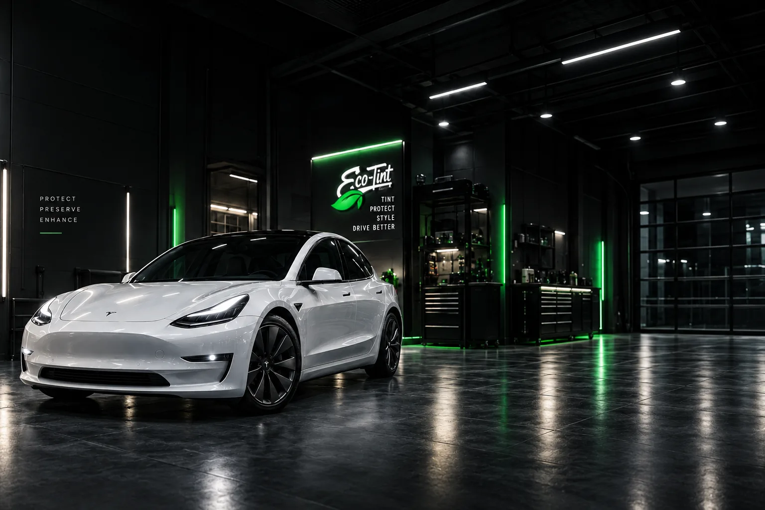 White Tesla Model Y inside the Eco-Tint installation studio