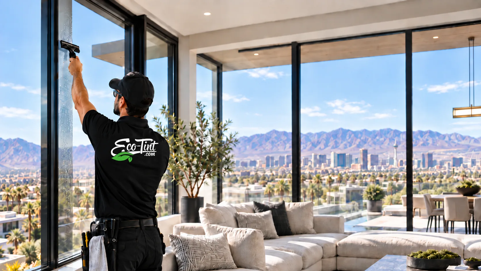 Eco-Tint technician professionally installing residential window film