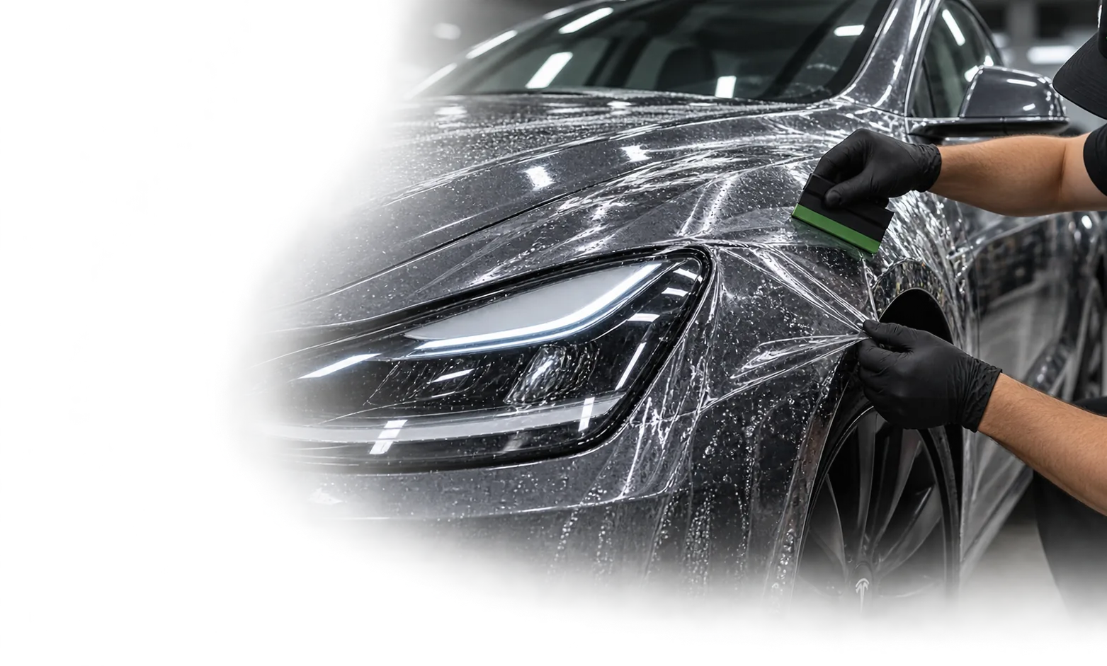Eco-Tint installer applying paint protection film to a Tesla hood