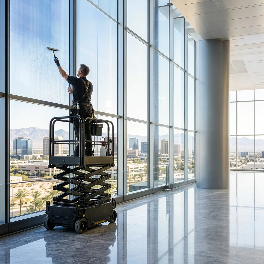 Commercial window film installer working from a scissor lift on floor-to-ceiling glass