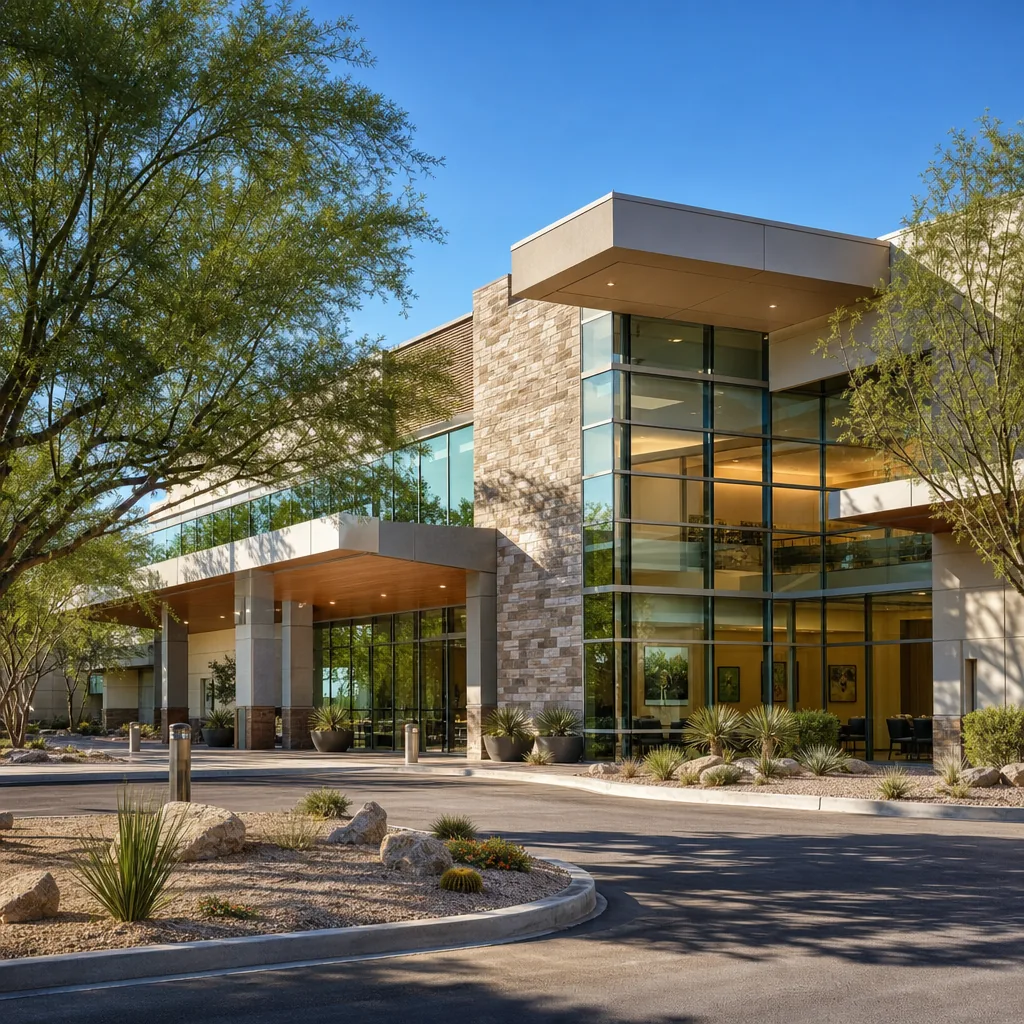 Commercial window tinting on a modern healthcare facility in Las Vegas