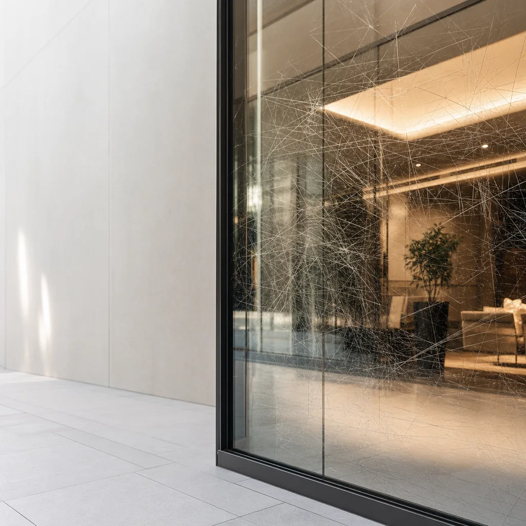 Scratched and vandalized commercial glass