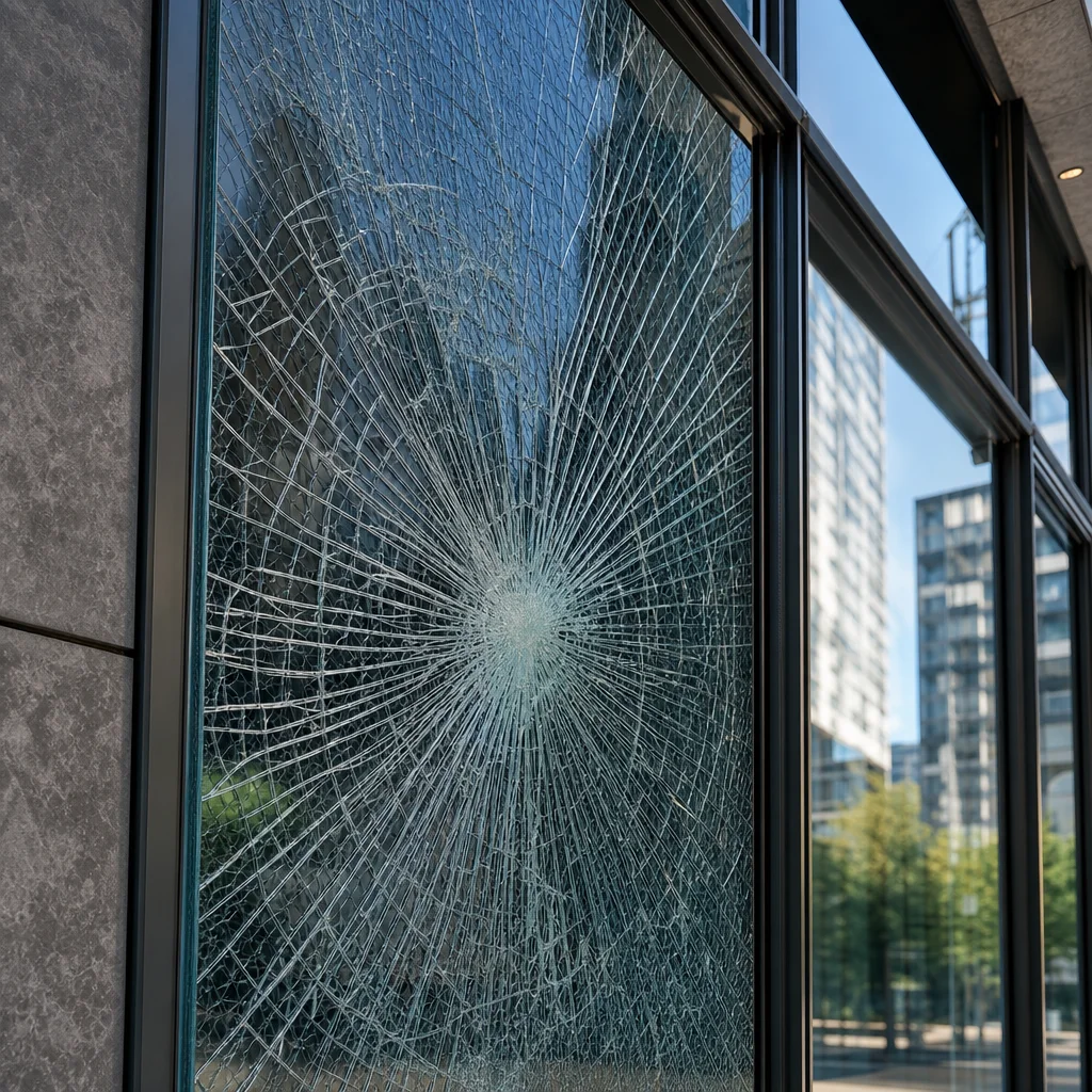 LLumar Vista security and impact film holding shattered commercial storefront glass together