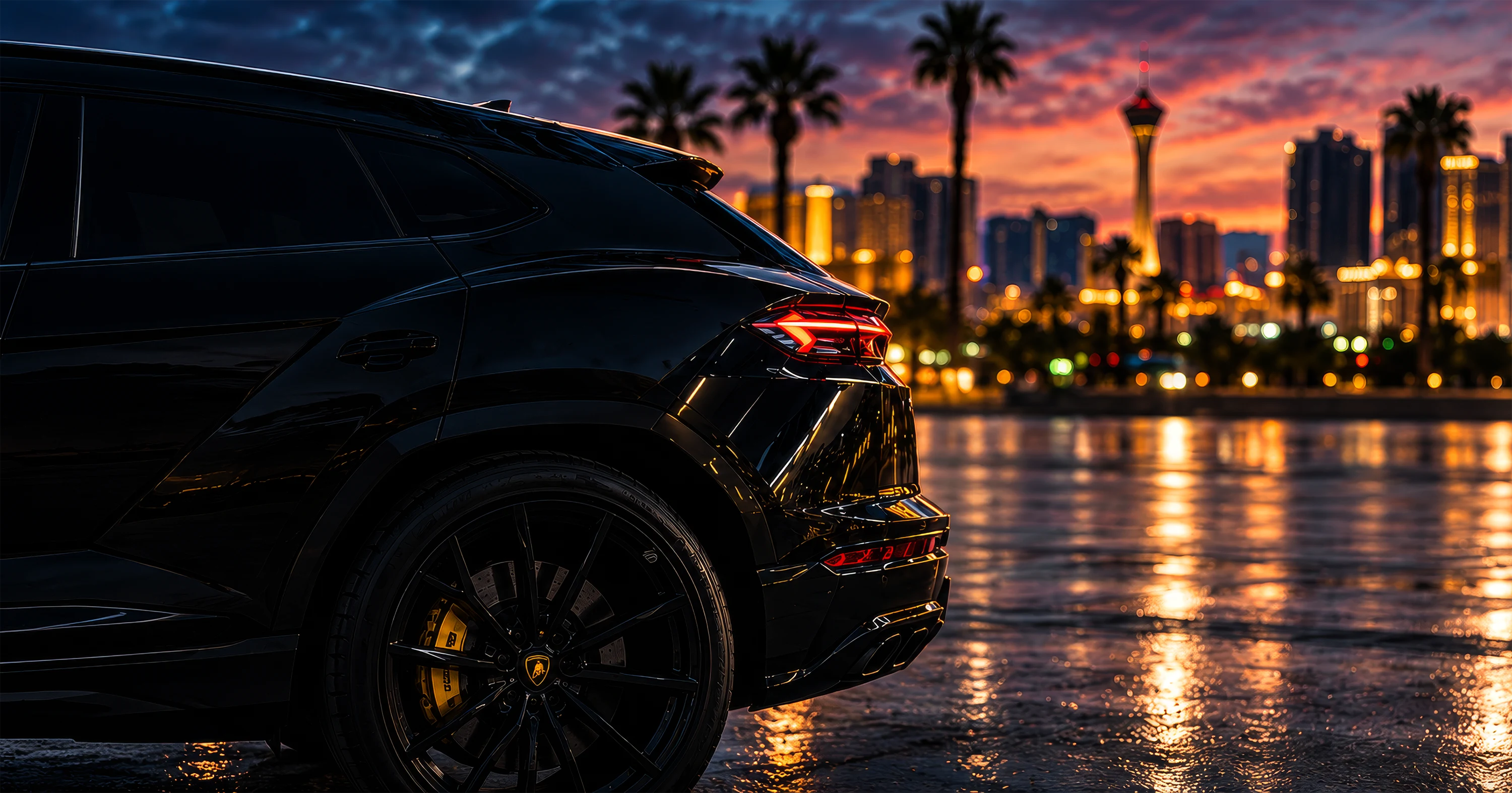 Black luxury SUV at dusk with the Las Vegas skyline glowing behind it