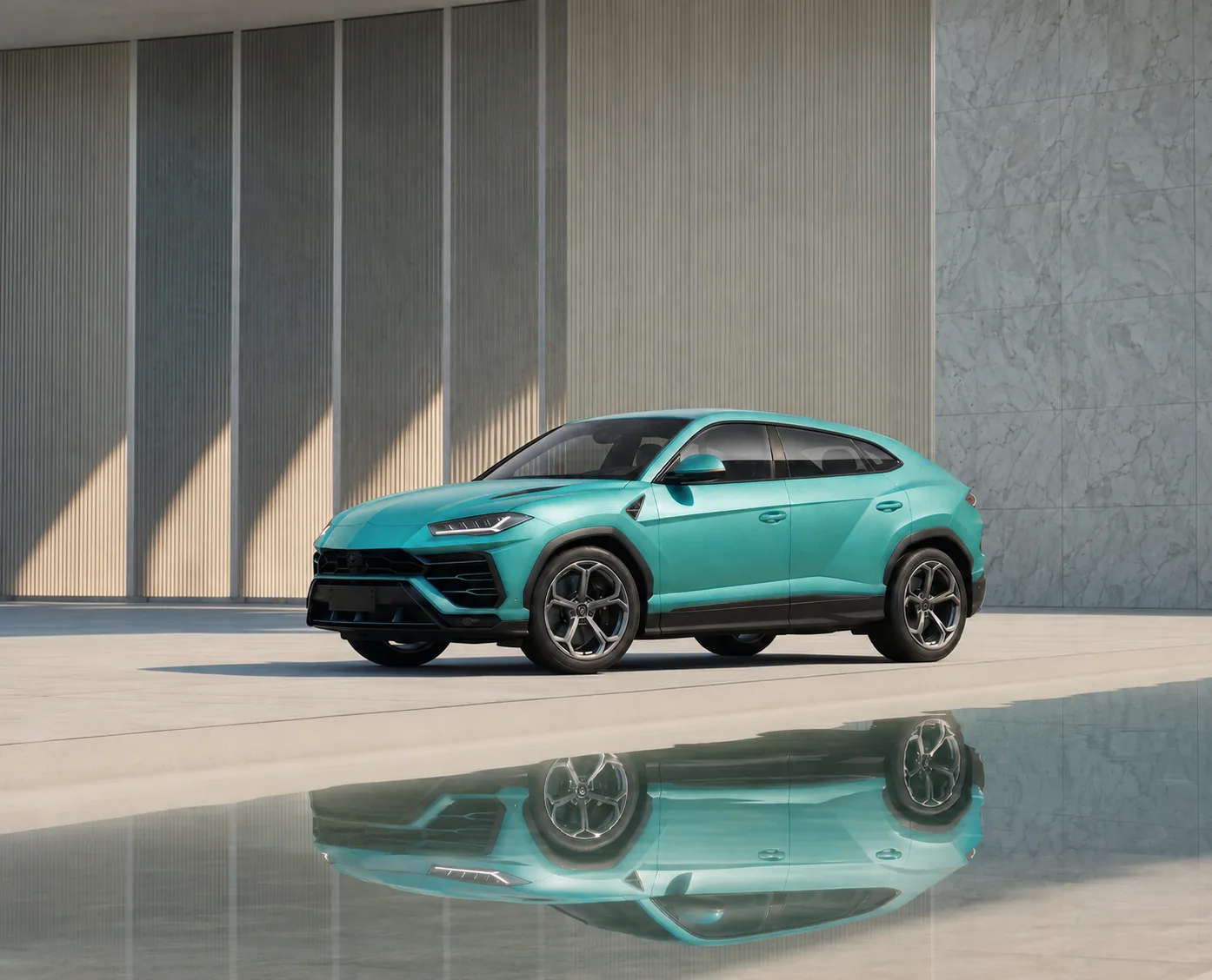 Turquoise Avery Dennison wrapped luxury SUV in a modern architectural setting