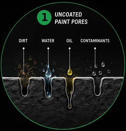 Microscopic cross-section of uncoated vehicle paint pores trapping dirt, water, oil, and contaminants that cause staining and oxidation