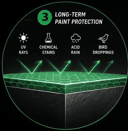 Microscopic cross-section showing ceramic coating protecting vehicle paint from UV rays, chemical stains, acid rain, and bird droppings