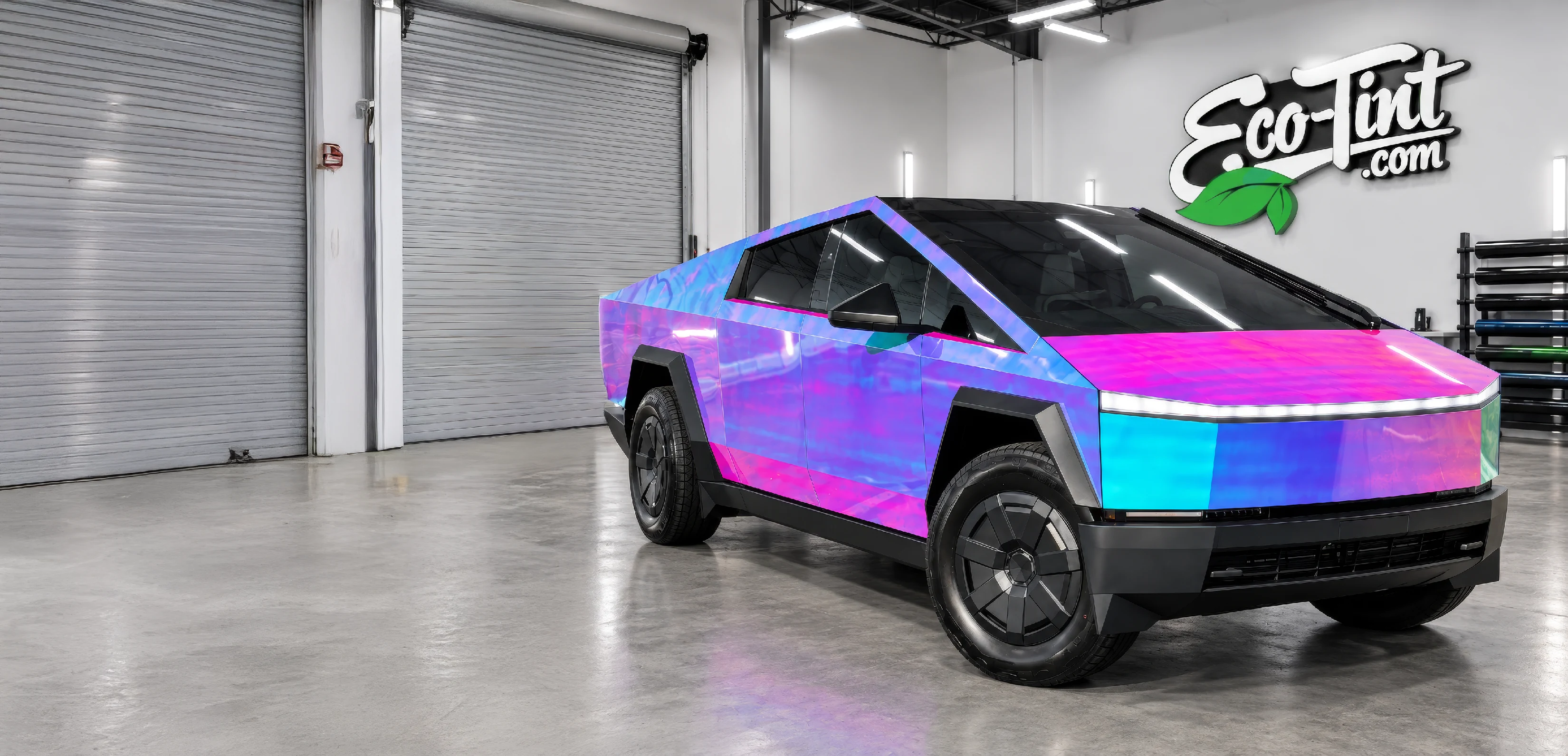 Color-shifting wrapped Tesla Cybertruck inside the Eco-Tint facility