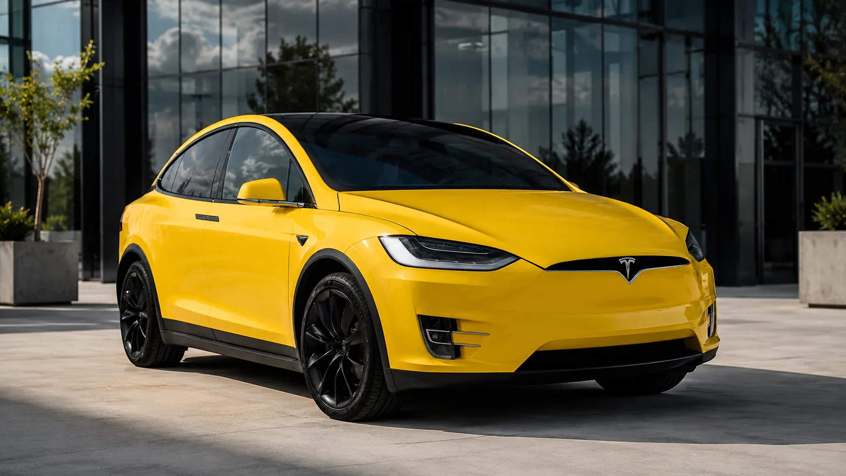 Bright yellow wrapped Tesla Model X outside a modern building