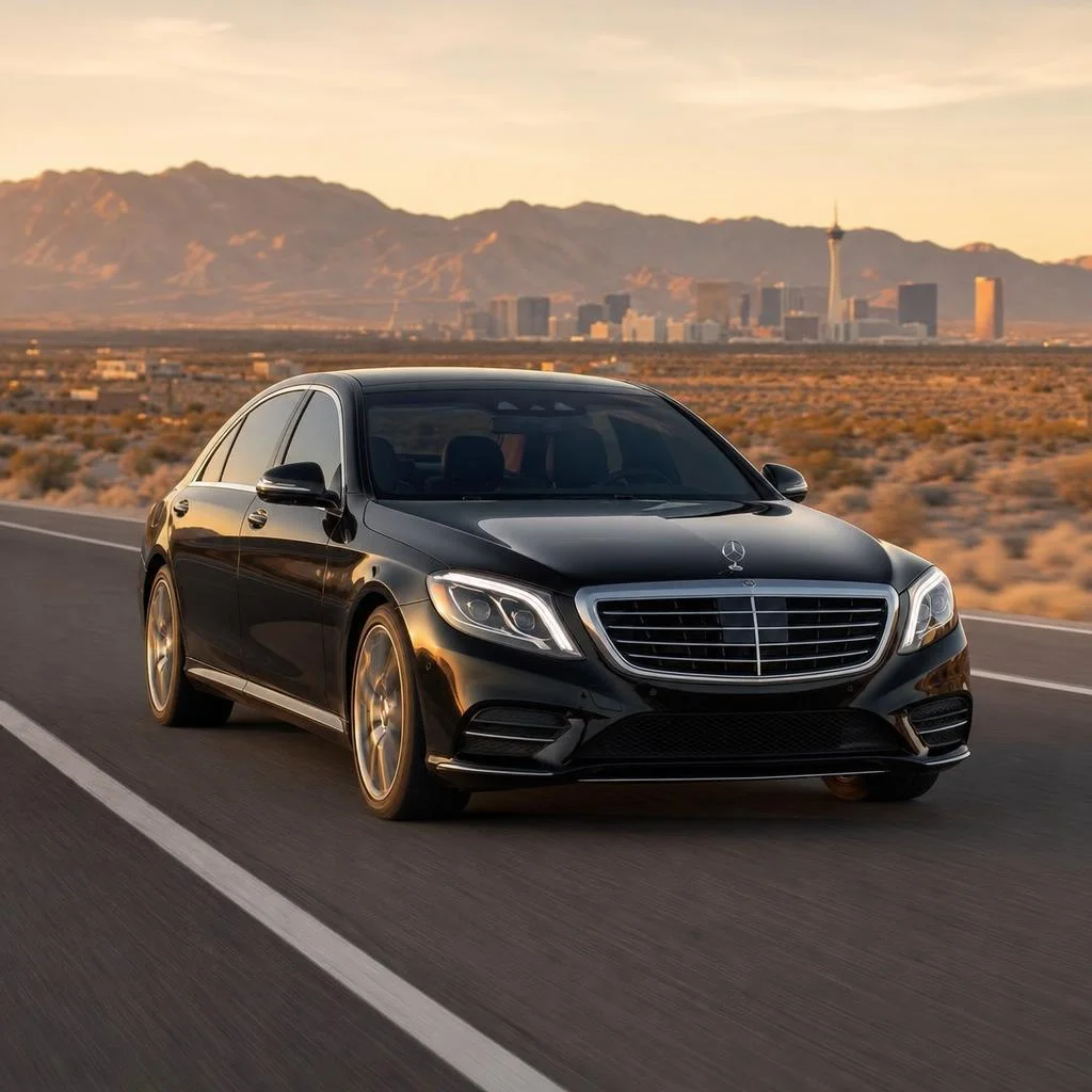 Black luxury sedan on a desert highway near Las Vegas