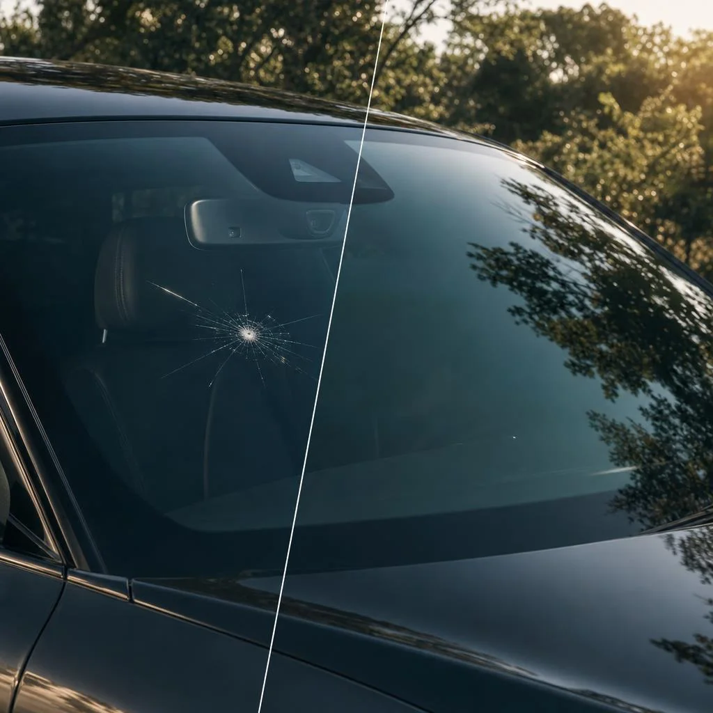 Split view of a cracked unprotected windshield beside a clear protected windshield