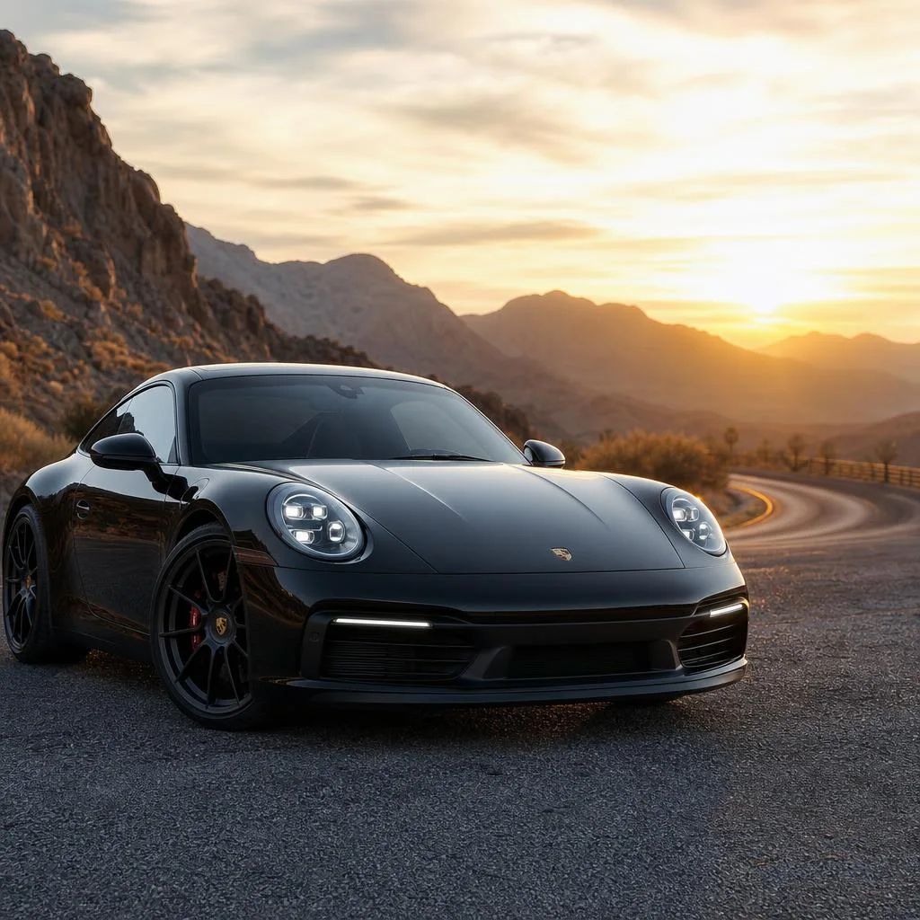 Black sports coupe on a winding desert mountain road at sunset