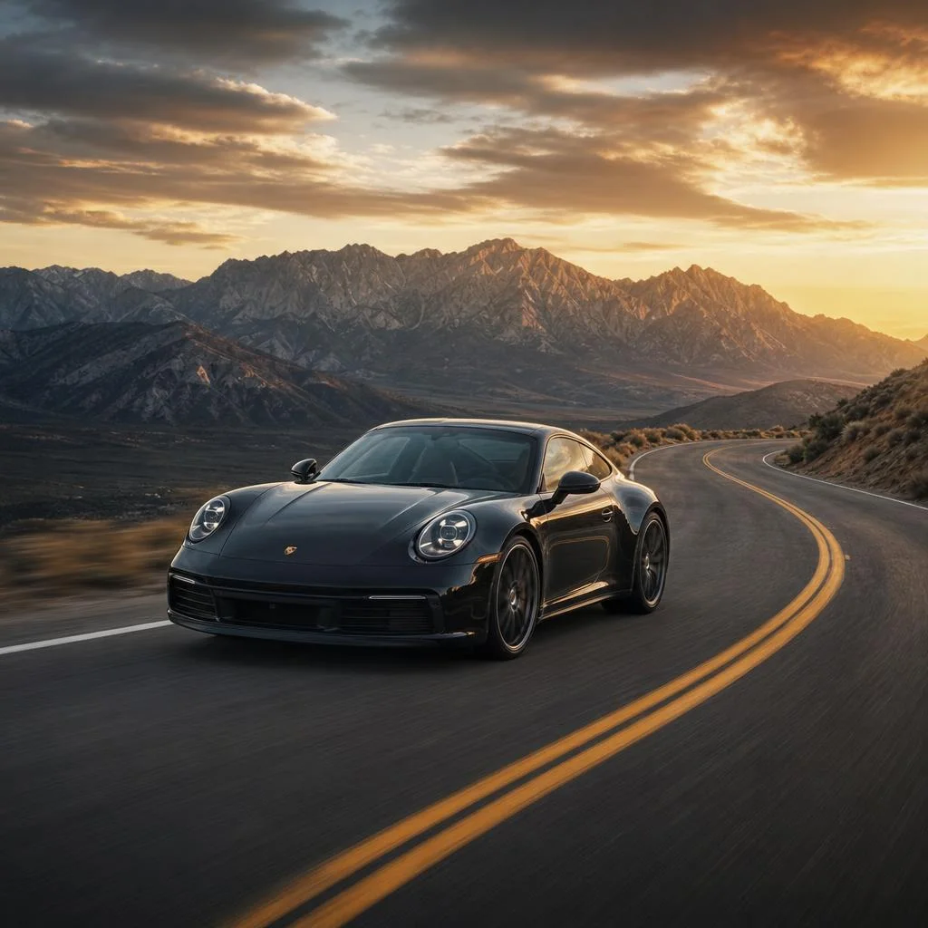 Black sports coupe driving a mountain road