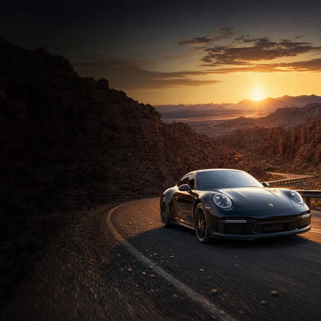 Black sports coupe on a mountain road at sunset