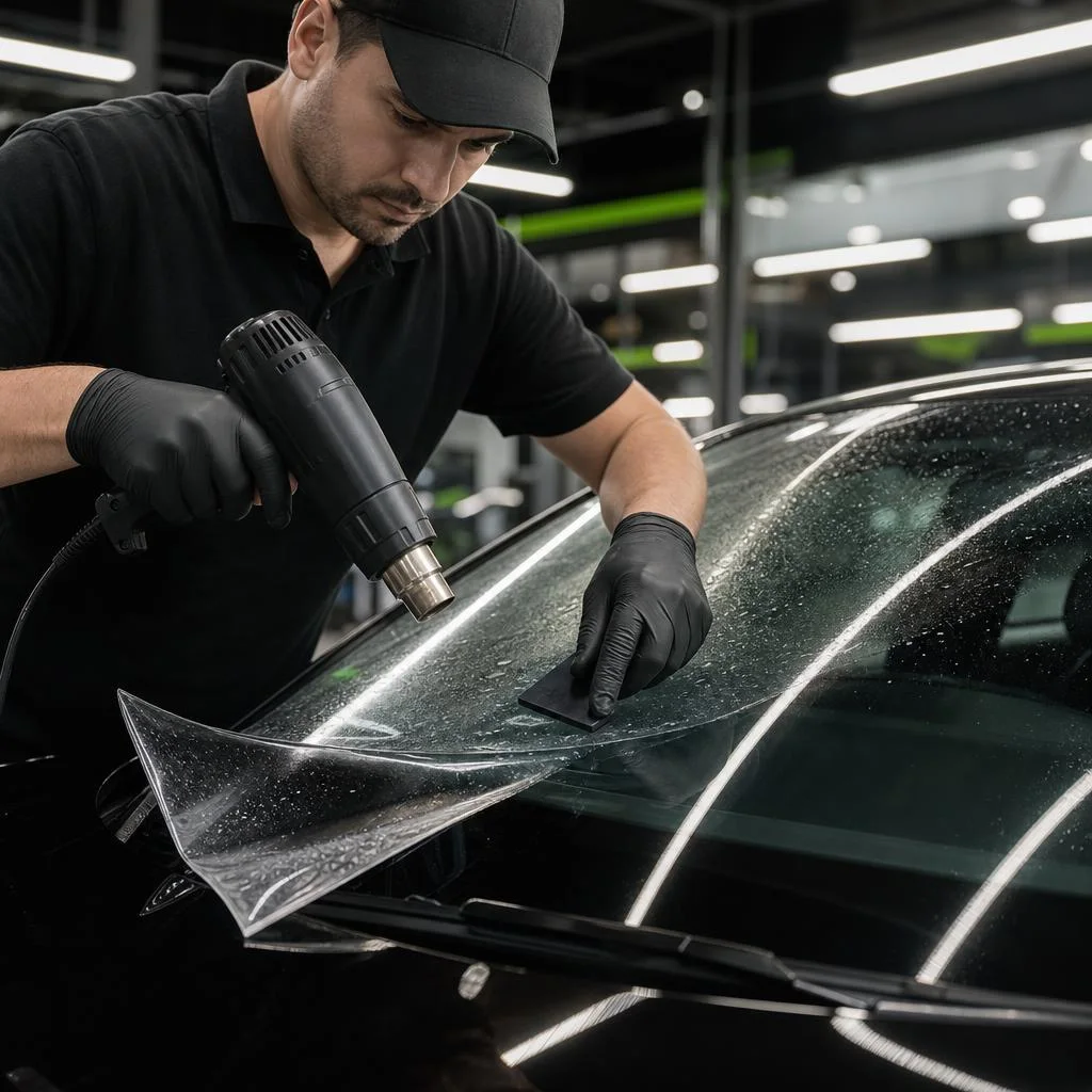 Illustrative image of a technician heat-shaping protection film on a windshield