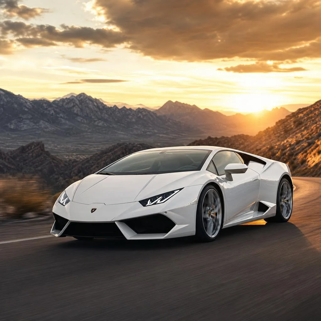 White exotic coupe on a mountain road at sunset