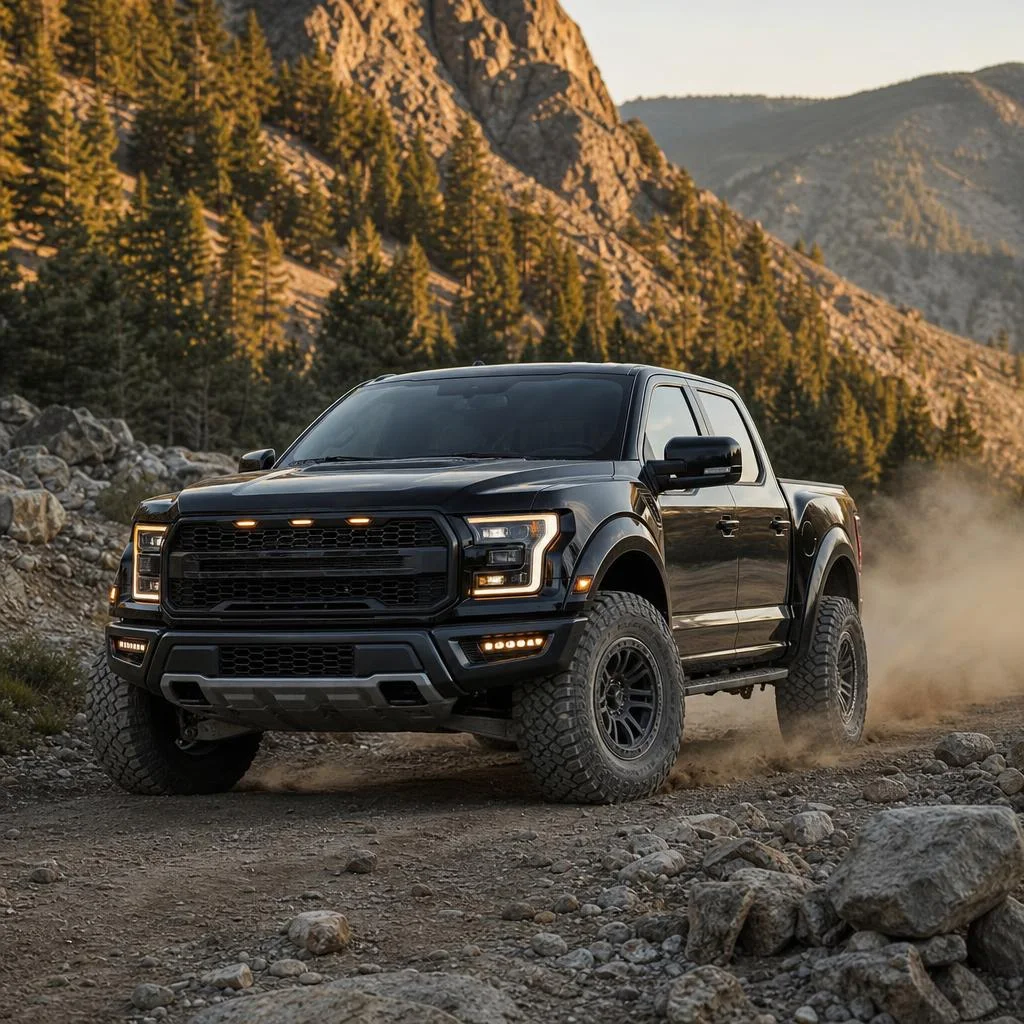 Black off-road performance pickup kicking up dust