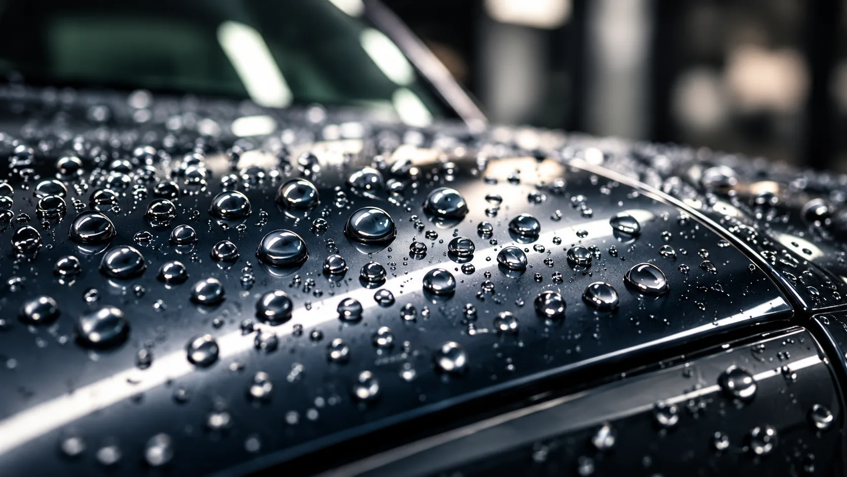 Water beading on a ceramic-coated black car