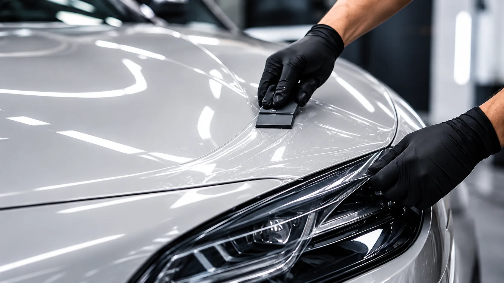 Professional applying invisible paint protection film to a luxury vehicle hood