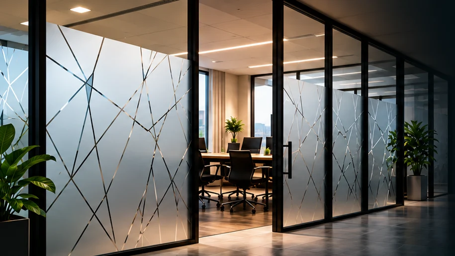 Modern Las Vegas office with geometric frosted decorative window film on glass meeting room partitions