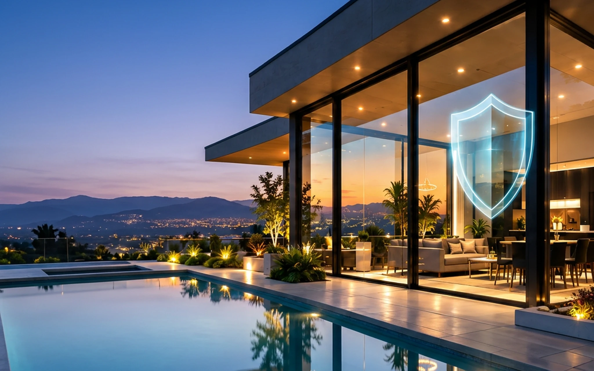 Modern glass home at dusk with a glowing shield projected onto its windows and a reflecting pool