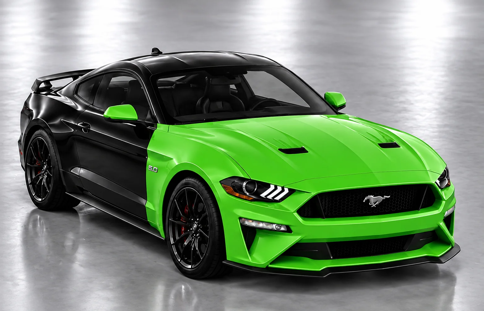 Full Front paint protection coverage illustrated in green on a Mustang
