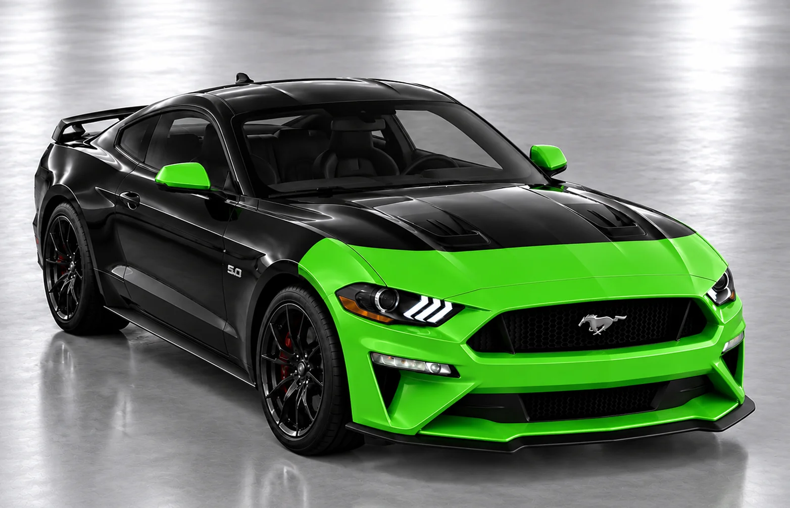Partial Front paint protection coverage illustrated in green on a Mustang
