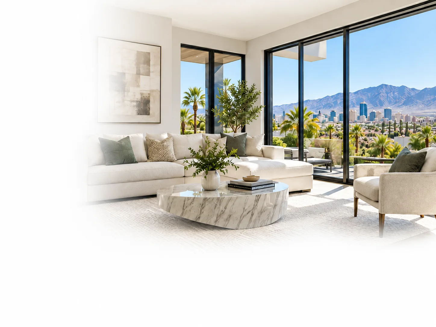 Luxury Las Vegas home interior with expansive windows and mountain views