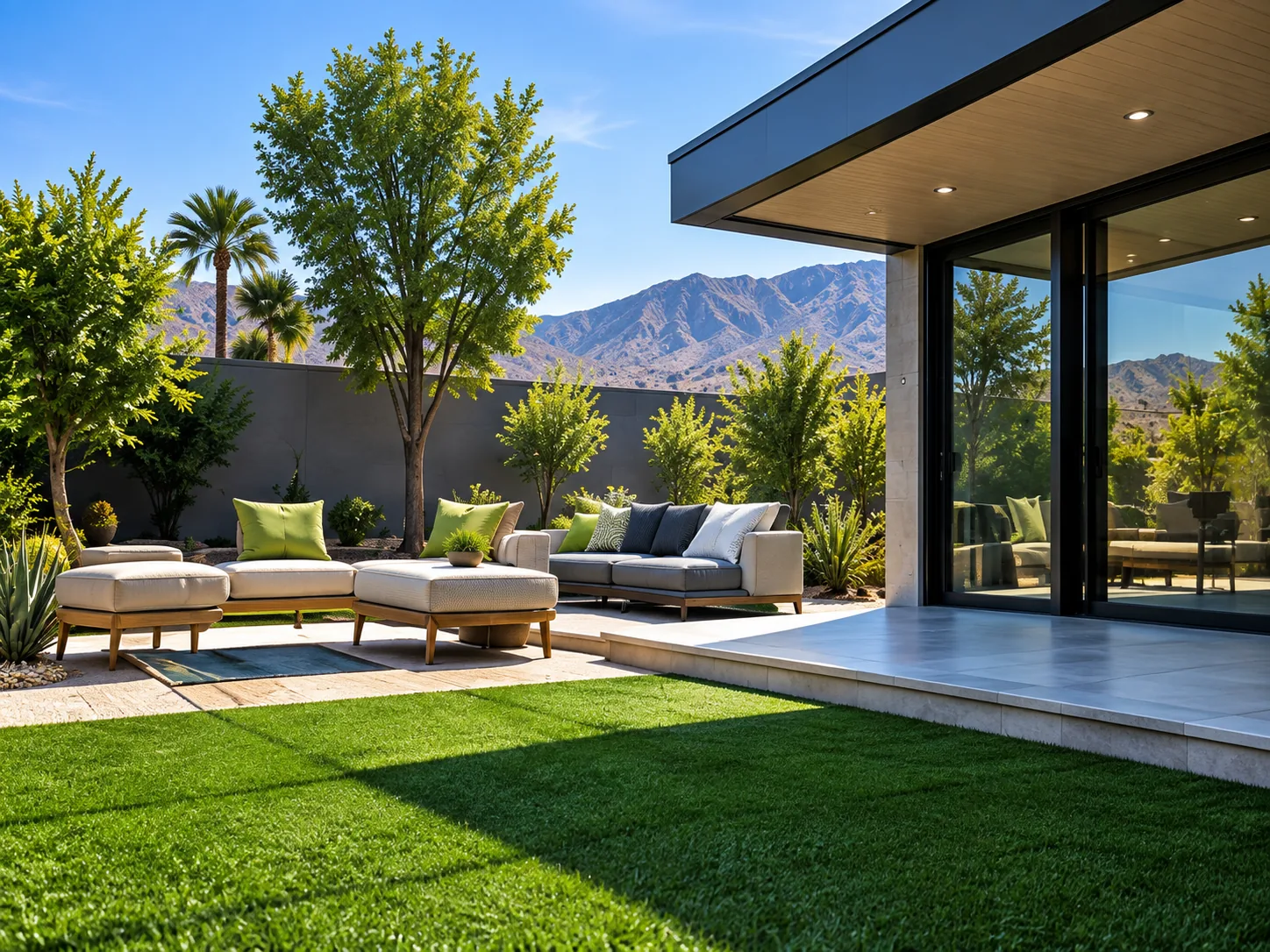 Artificial turf protected from reflected heat by exterior window film