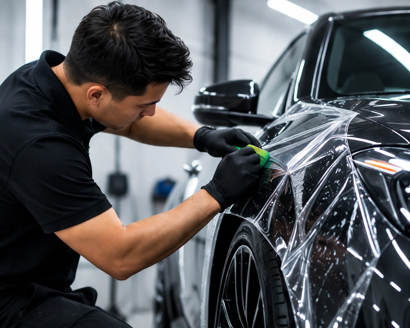 Eco-Tint installer carefully applying paint protection film to a vehicle's front fender