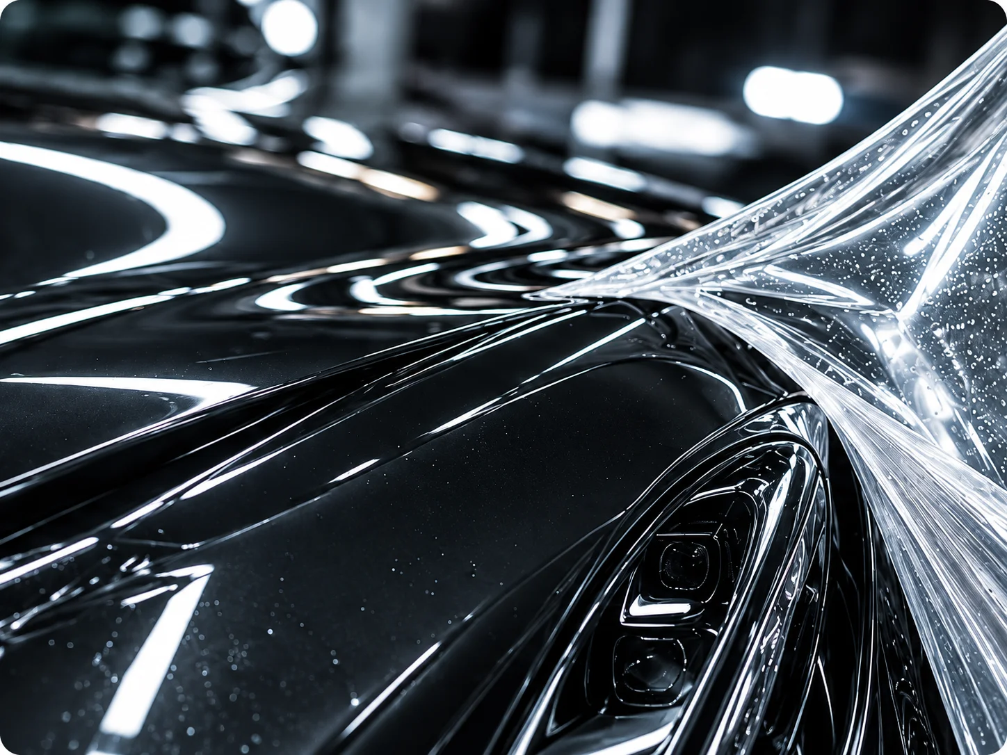 Glossy protected vehicle paint with a clear protection film being applied