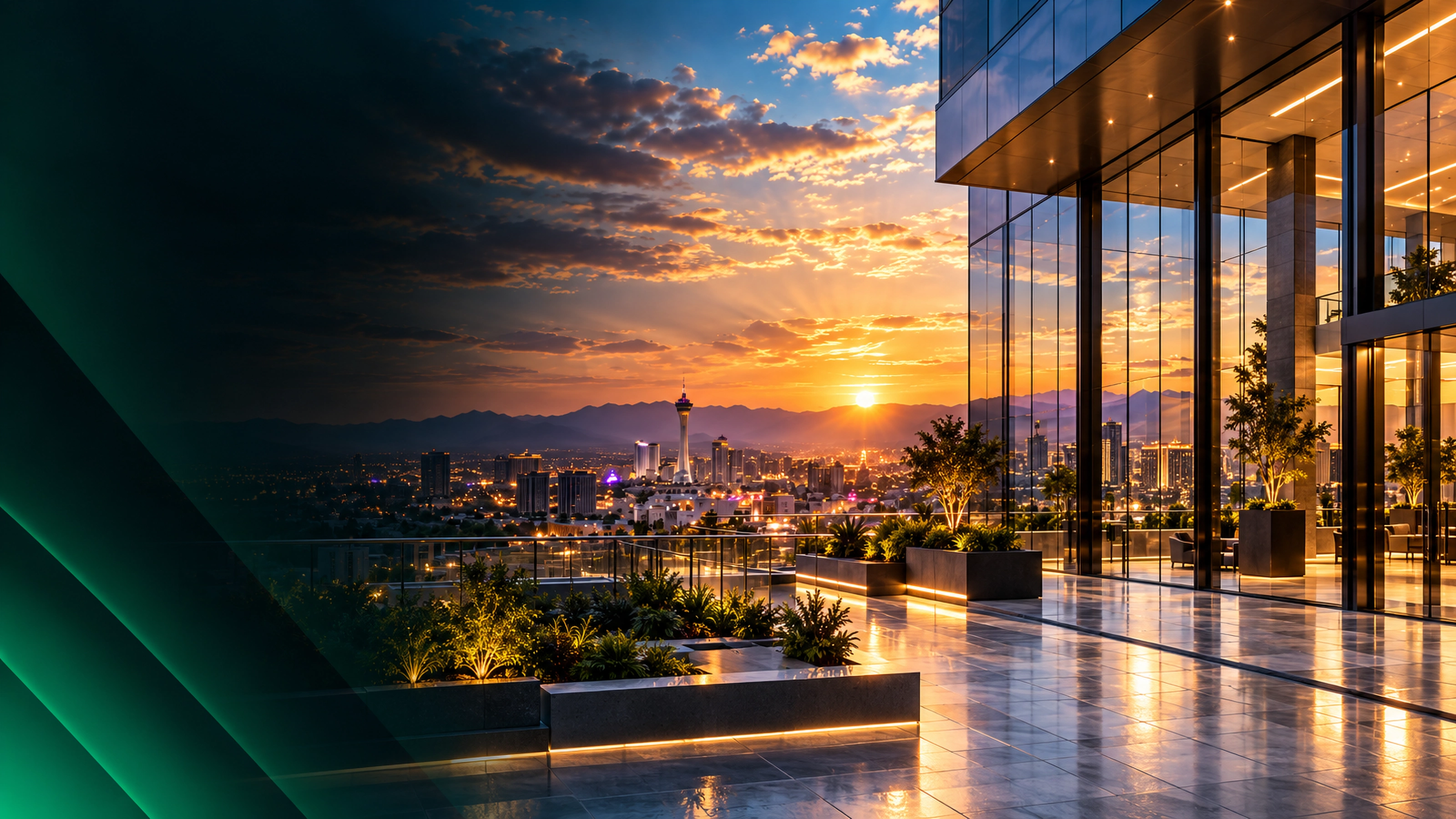 Las Vegas skyline at sunset beside a glass-fronted building showcasing Vista architectural window film