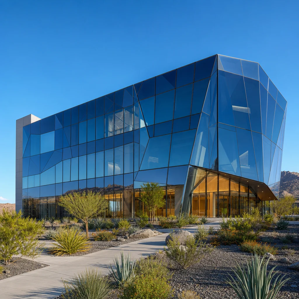 Blue-glass building in desert daylight, illustrating LLumar Vista Harmony Series window film for Las Vegas properties