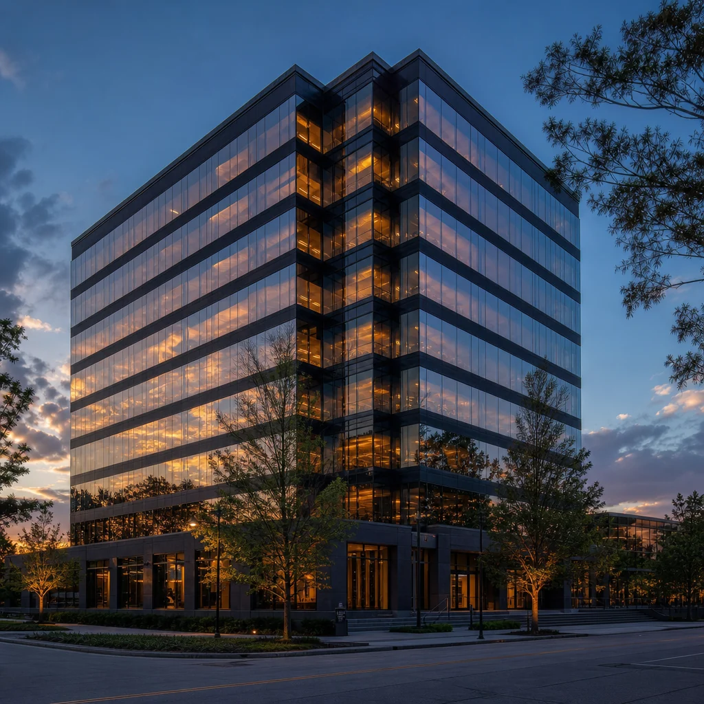 Reflective glass office building at dusk, illustrating LLumar Vista dual-reflective window film for Las Vegas businesses