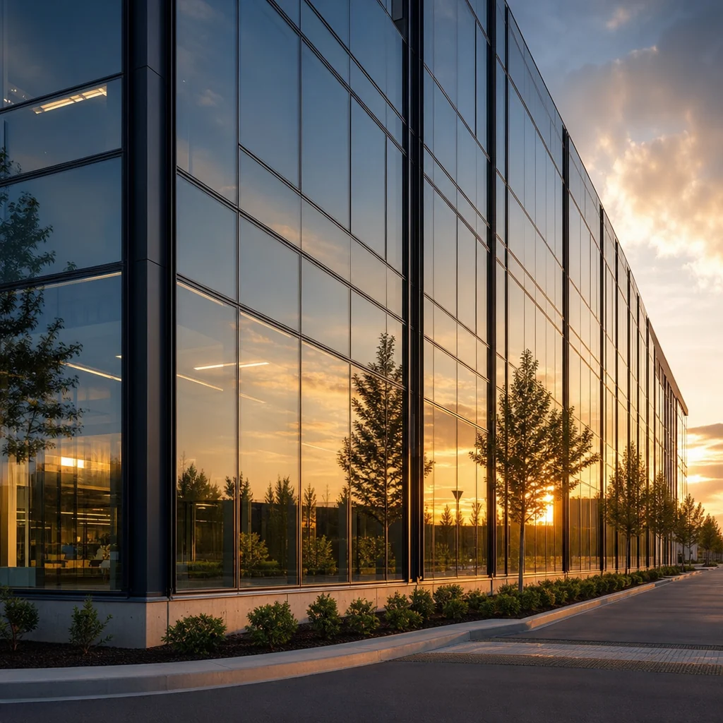 Commercial glass facade at sunset, illustrating LLumar Vista Atmosphere Exterior film for Las Vegas buildings