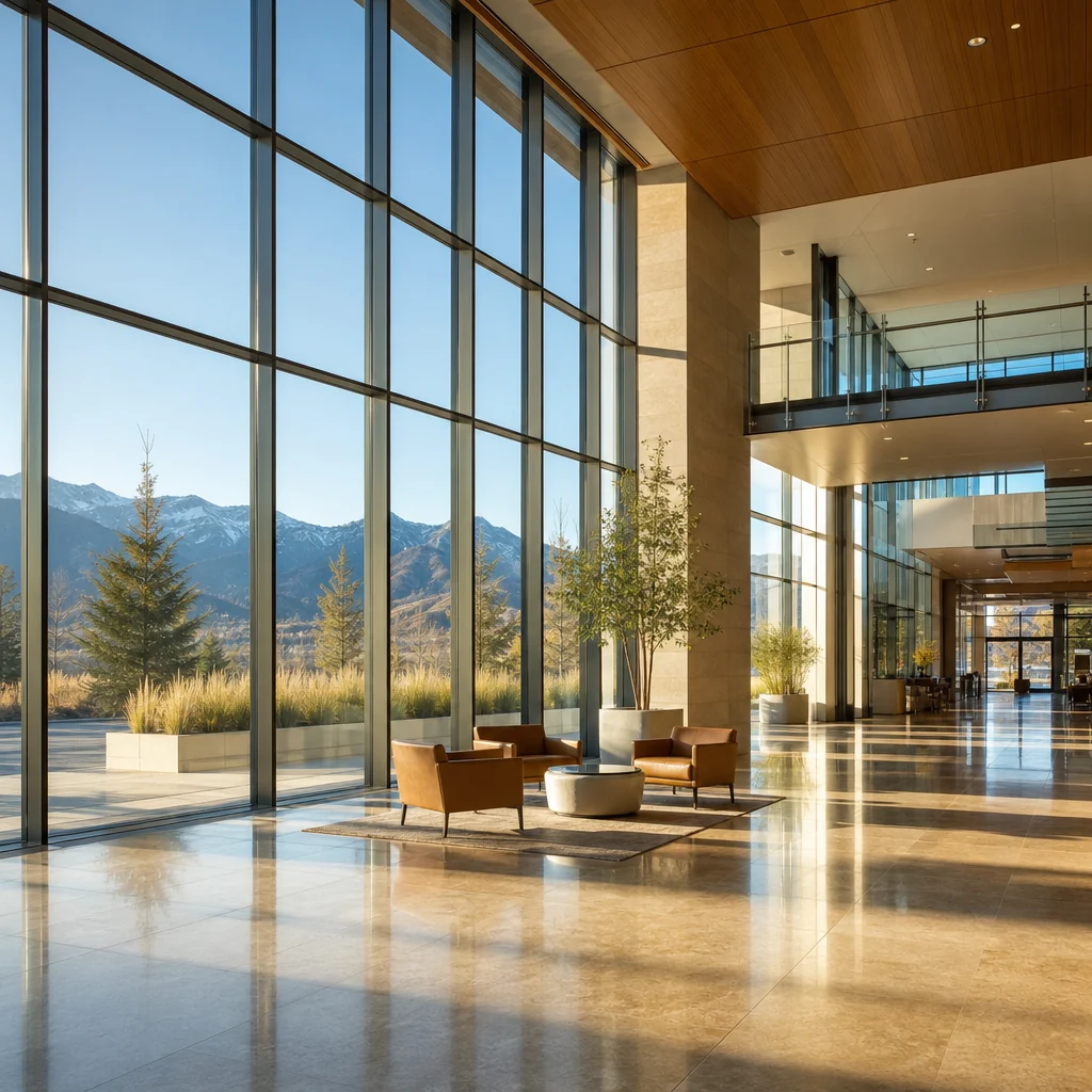 Sunlit commercial atrium with large windows, illustrating LLumar Vista Low-E energy-efficient film for Las Vegas buildings