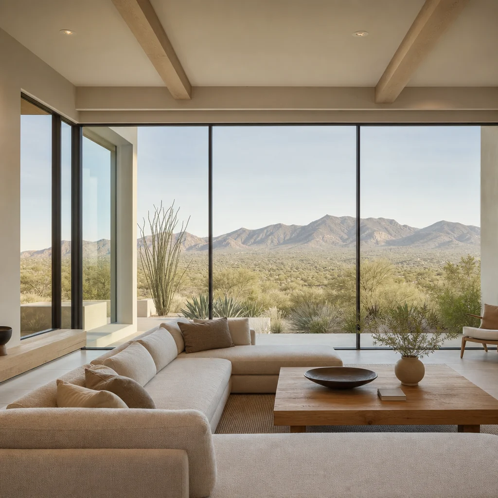 Bright interior with clear glass and a desert mountain view, illustrating LLumar Vista neutral window film for Las Vegas homes