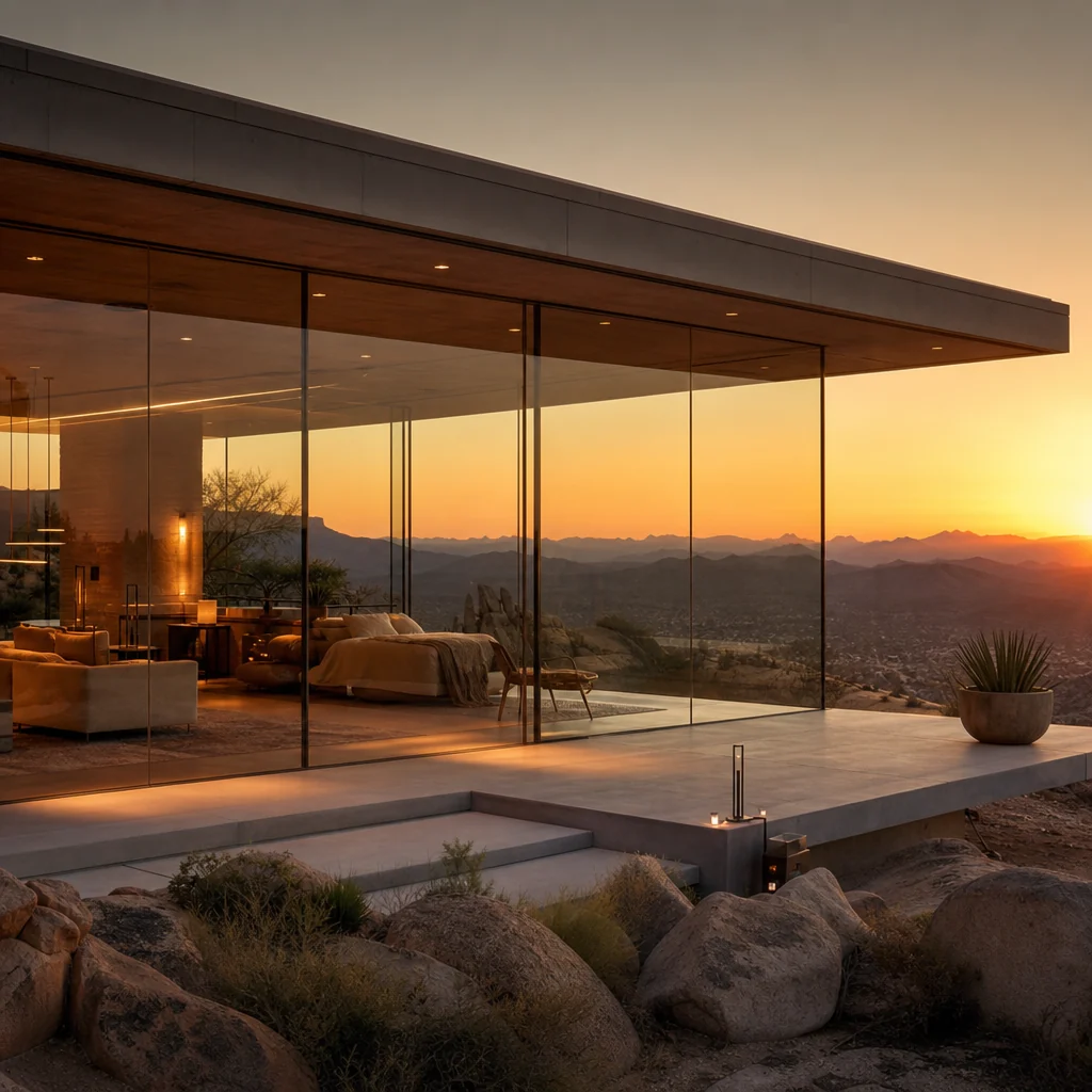 Glass-walled desert home at sunset, illustrating LLumar Vista solar-control window film for Las Vegas residences